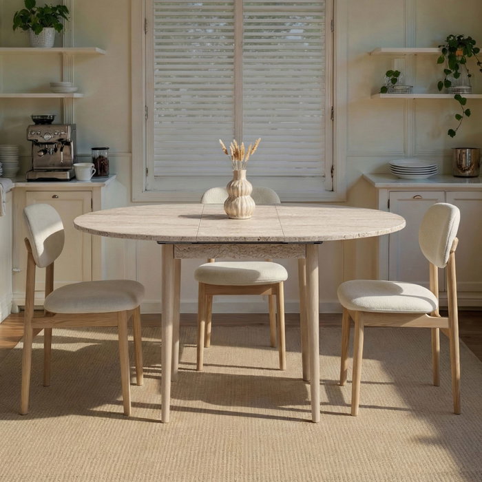 Hanah Home Mesa de Comedor Extensible Travertino y Roble, Tablero de Melamina 18mm, Patas de Madera, 100x100x75 cm (Extiende a 131 cm)